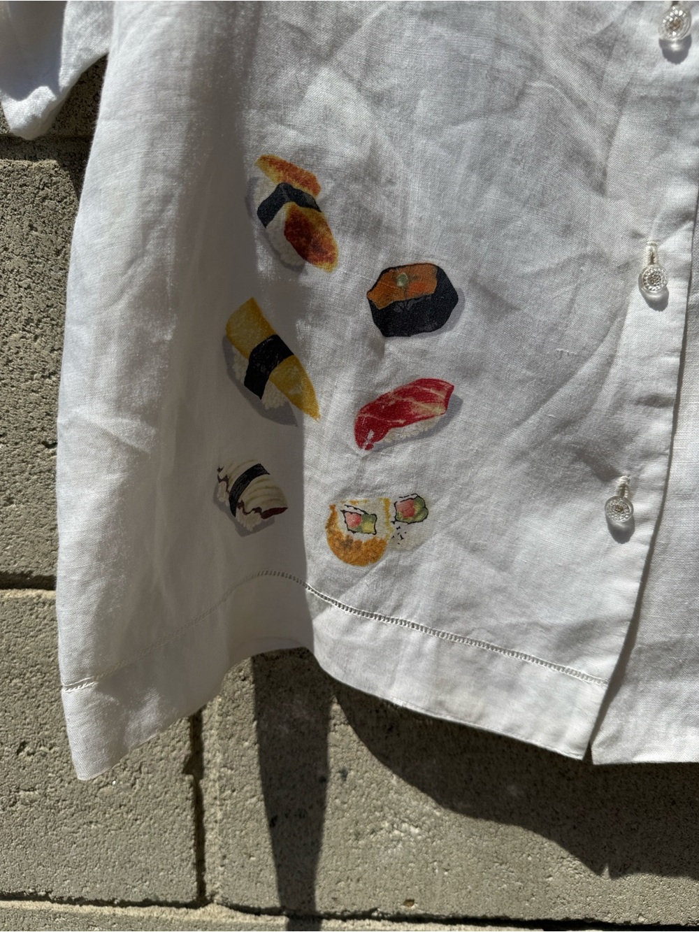 White Linen Short-Sleeve Button-Up Shirt with Sushi Prints - Picture 2 of 8